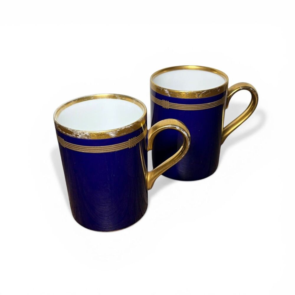 Christian Dior Gaudron Lapis Blue Mug Set 2 Gold Gilt Porcelain Japan Vintage